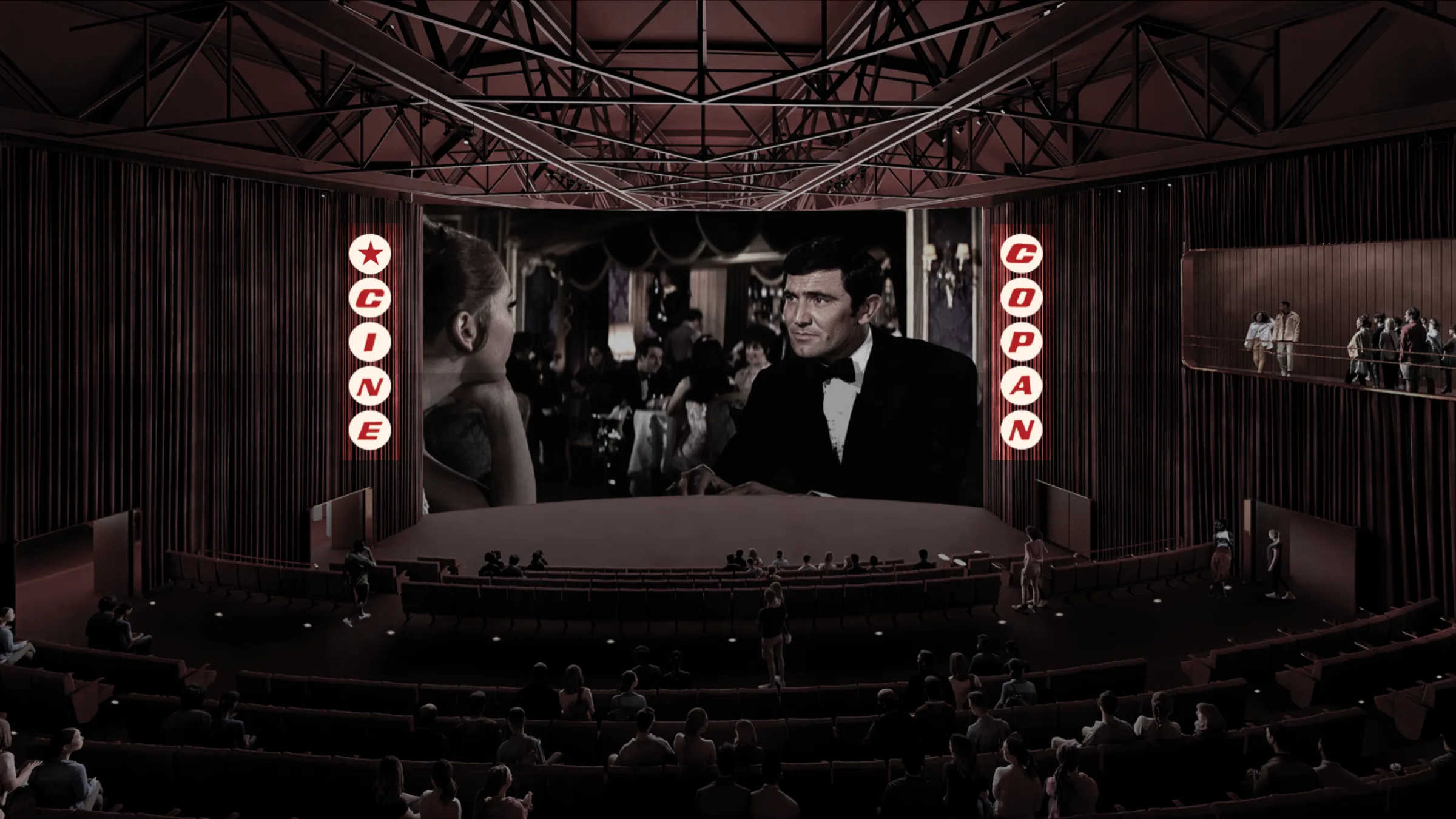 Render da nova sala do Cine Copan, com letreiros verticais e tela de LED
