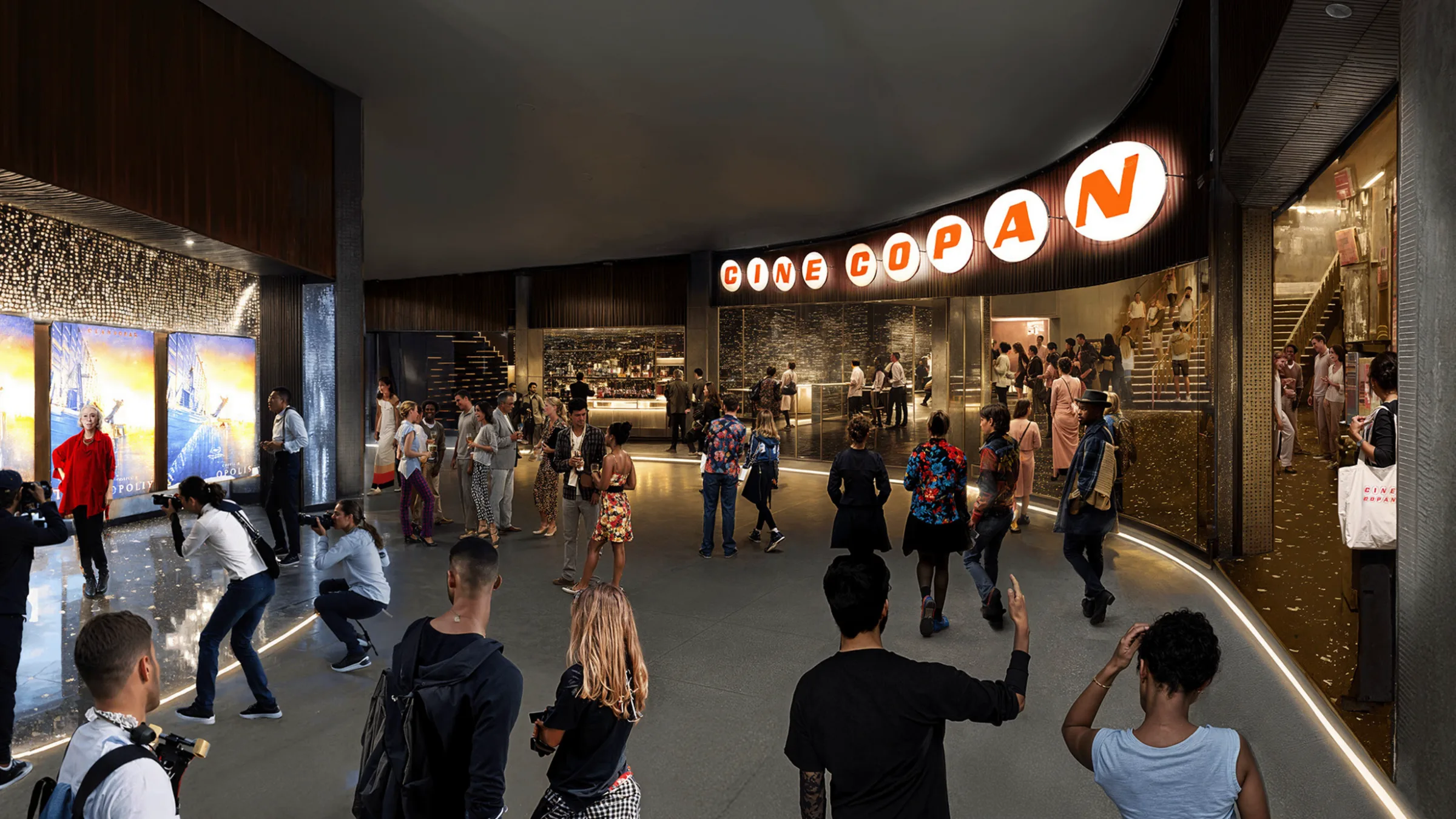 Render do foyer do novo Cine Copan, com o letreiro histórico reconstituído