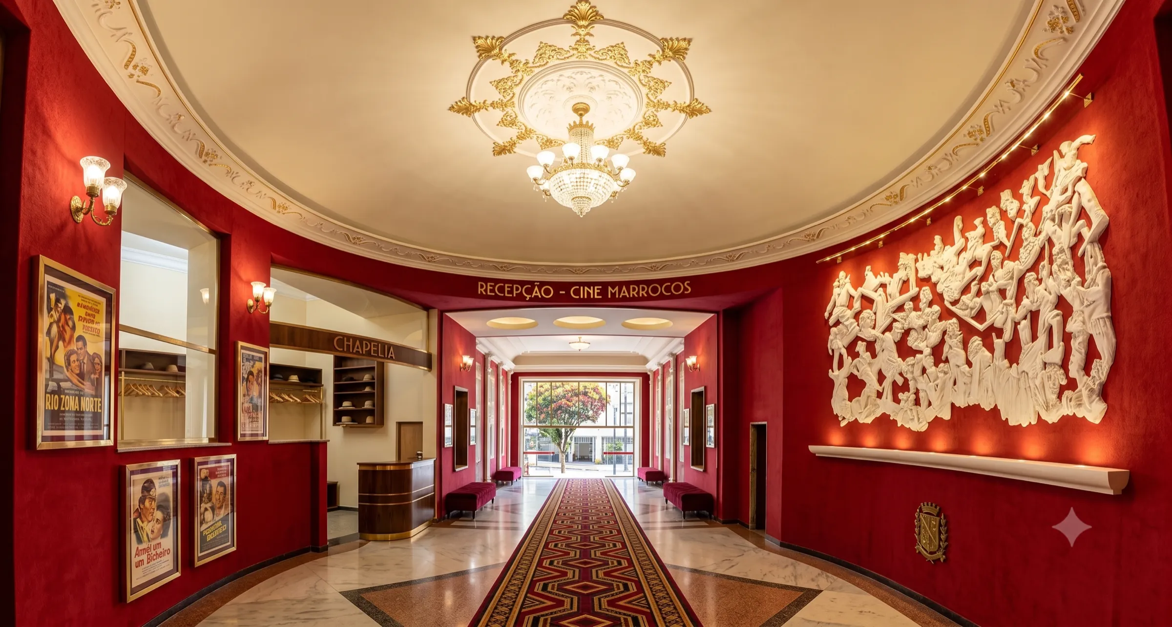 Render do átrio restaurado de um palácio de cinema