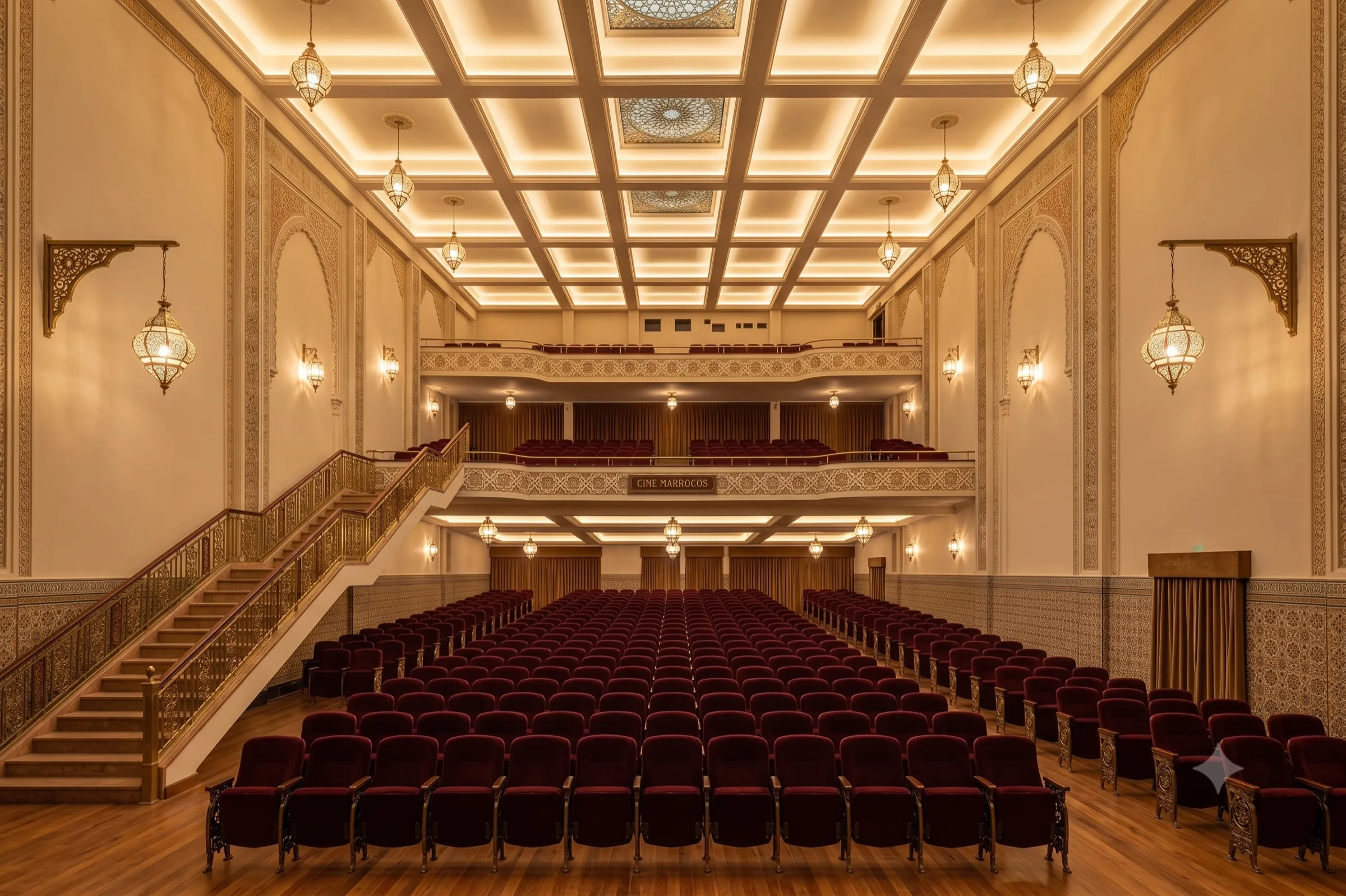 Render do restauro de um palácio de cinema iluminado