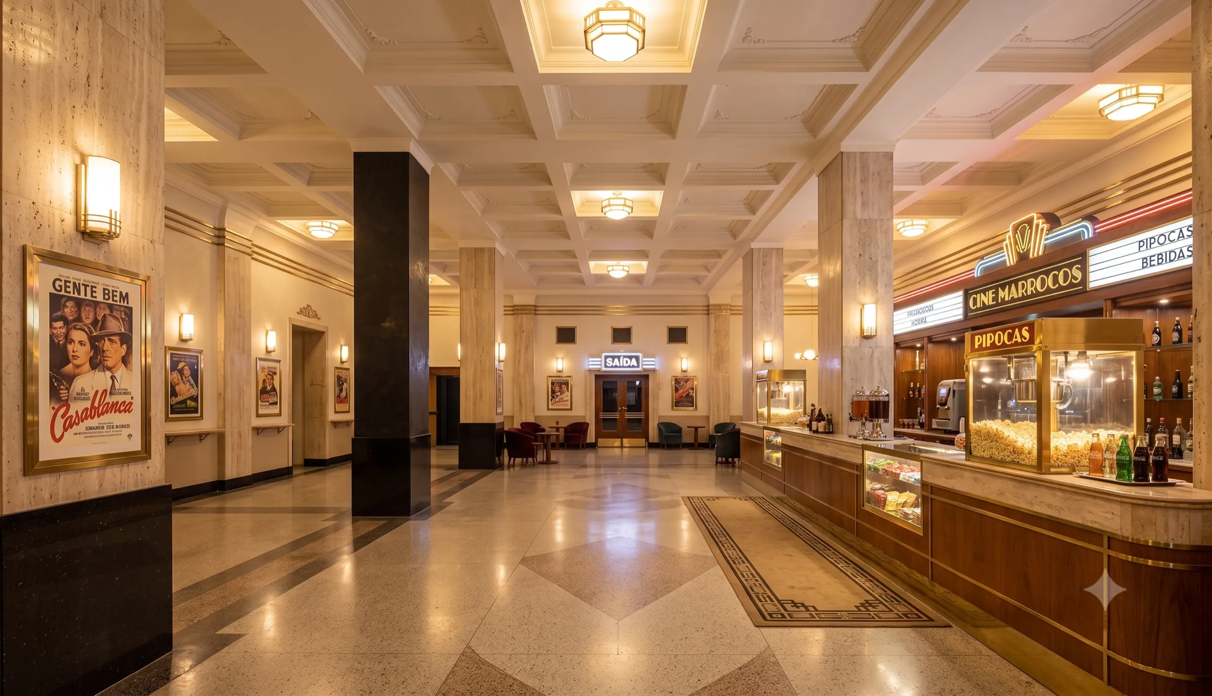 Palácio de cinema restaurado ao anoitecer