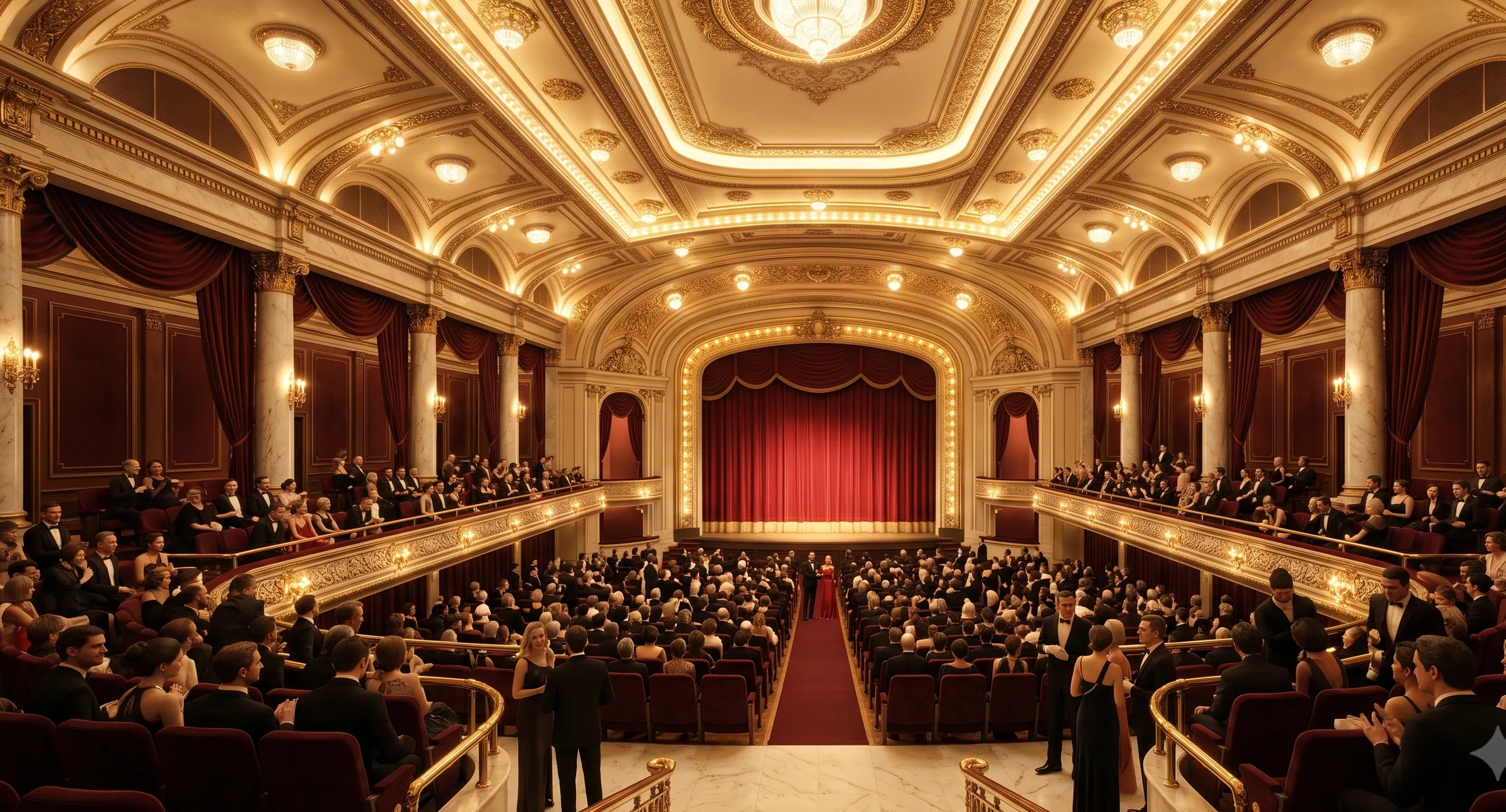Noite de reabertura de gala em um palácio de cinema restaurado, casa cheia